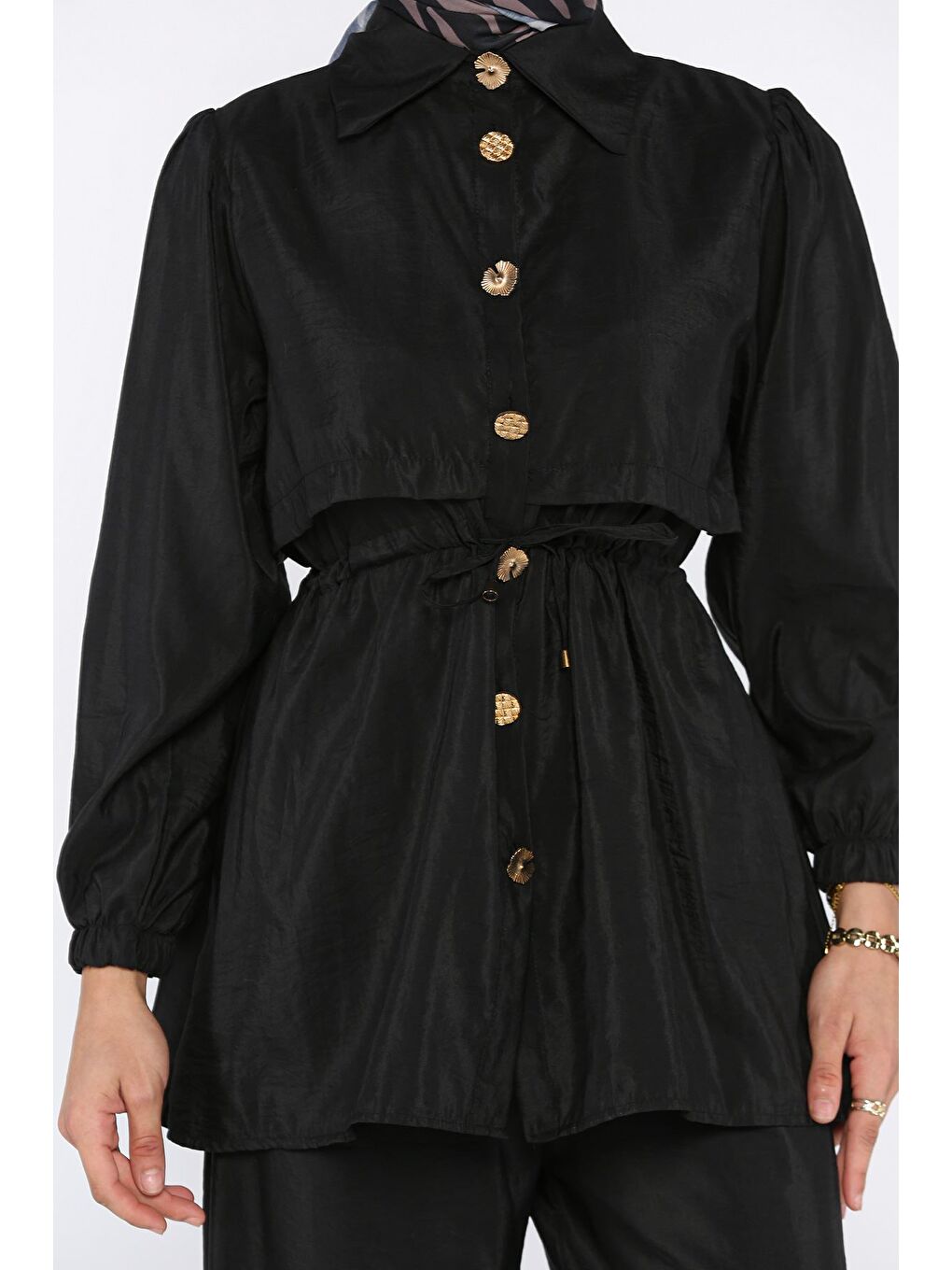 Siyah Kadın Gold Düğmeli Bel Bağlama Detaylı Tunik Pantolon Tesettür İkili Takım (s-m-l Beden Uyumludur.)-7