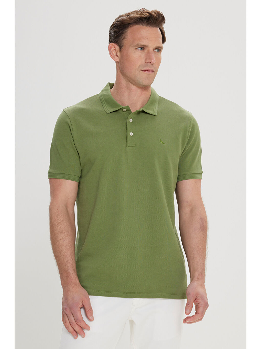 Erkek Yeşil Slim Fit Dar Kesim Polo Yaka %100 Pamuk Kısa Kollu Tişört