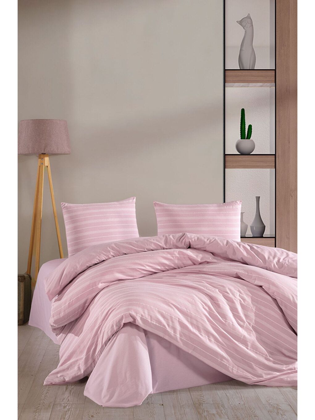 Pembe Stripe Saten (King Size) Nevresim Takım Pudra
