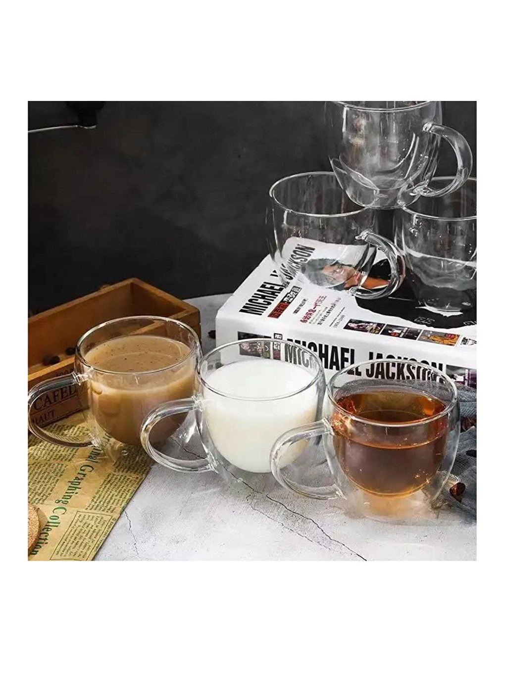 Renksiz Çift Cidarlı 250 ml Kulplu Cam Kupa 6 Adet-6