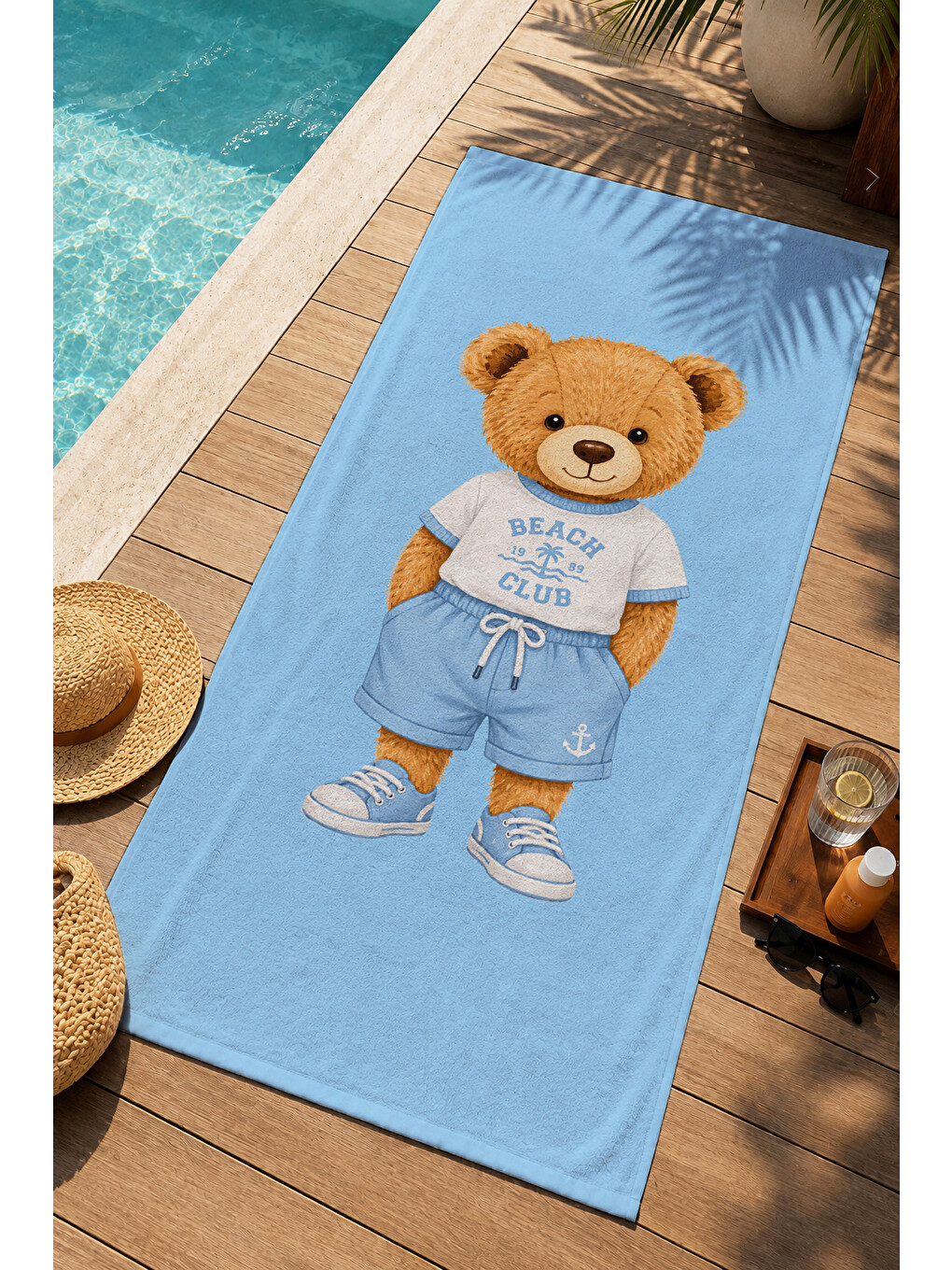 Sevimli Ayıcık Bebe Mavisi Minimal Sade Desenli 70x150 Plaj Havlusu - Pamuklu Banyo Havlusu-1