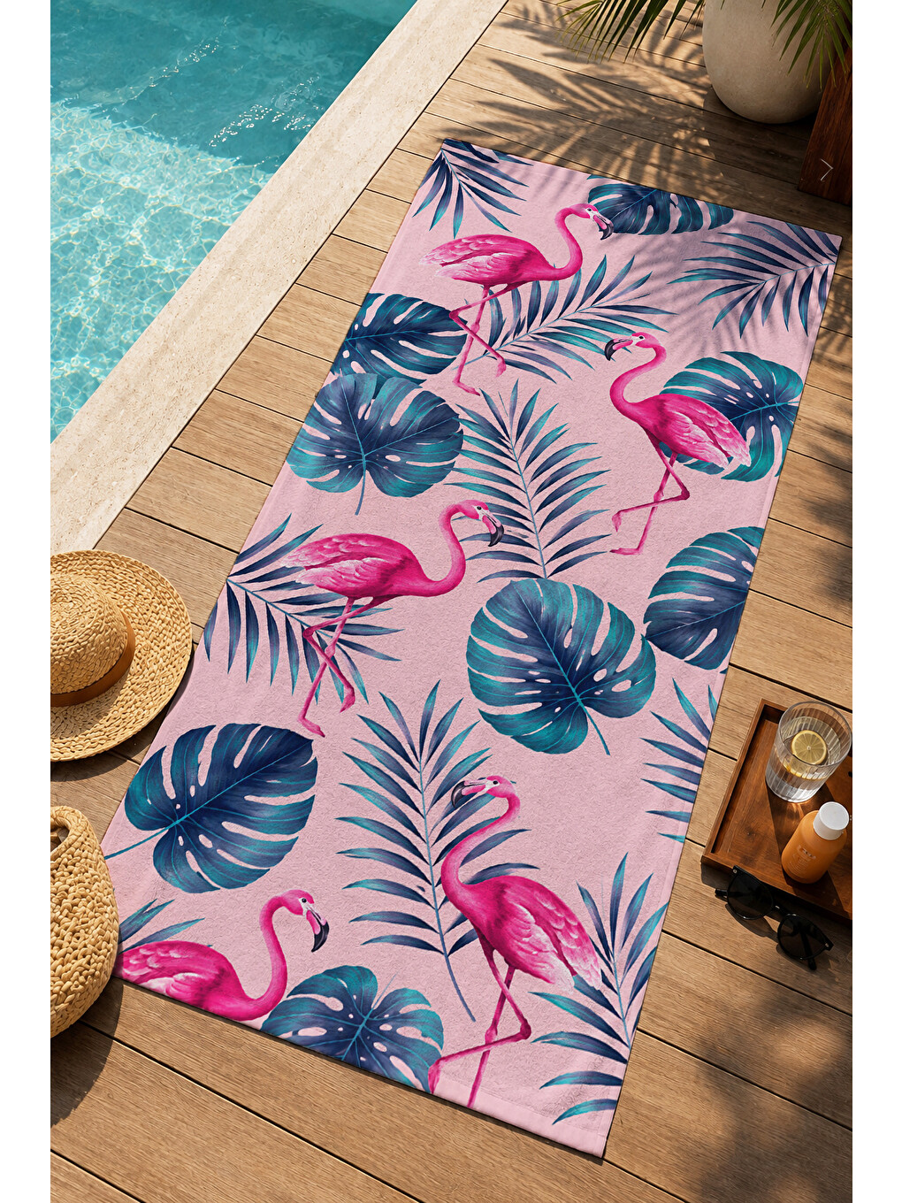 Tropikal Pembe Flamingo Pastel Yapraklı Desenli 70x150 Plaj Havlusu - Pamuklu Banyo Havlusu-2