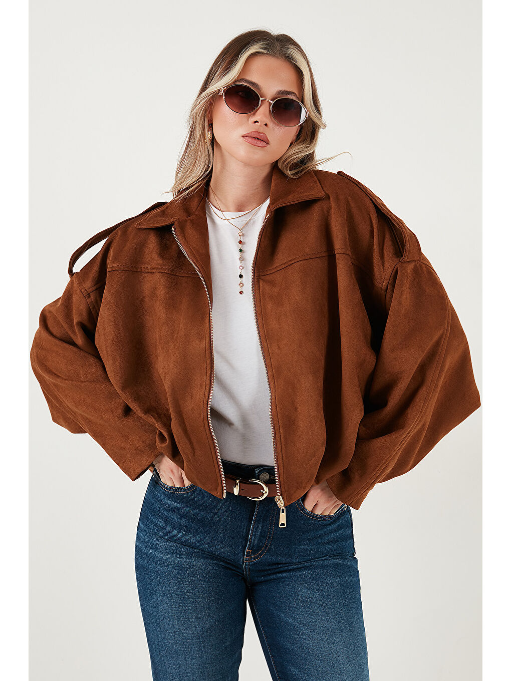 Kahverengi Oversize Klasik Yaka Fermuarlı Süet Dokulu Bomber Ceket 6839635