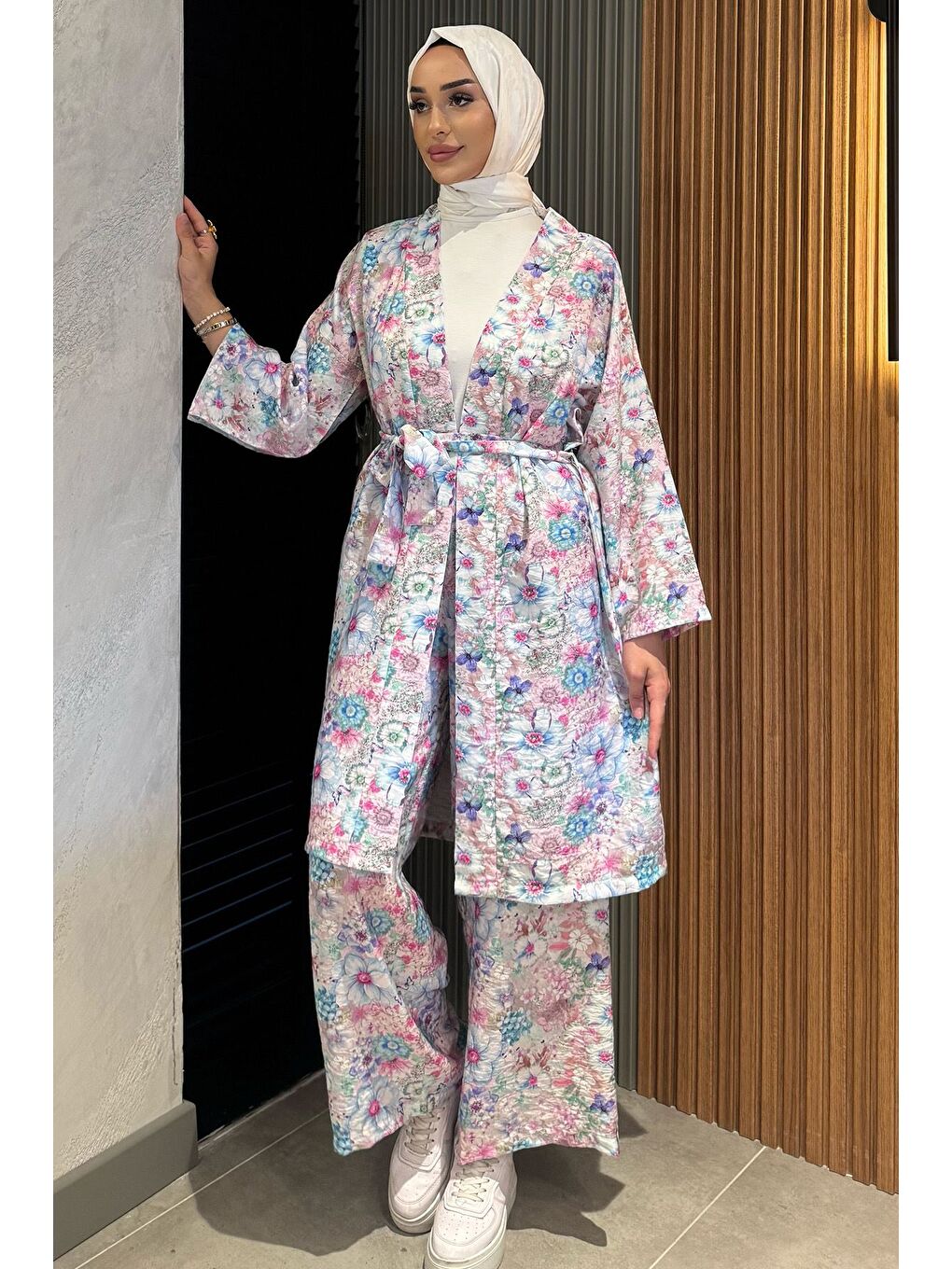 Mavi Çiçek Desenli Kimono Pantolon Tesettür İkili Takım-3