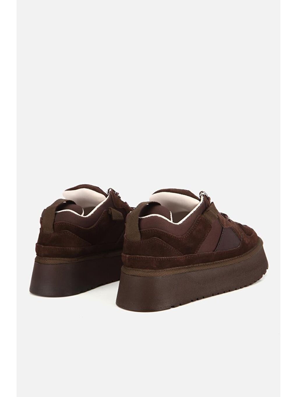 Kadın Süet Deri Kahverengi Bağcıklı Yüksek Tabanlı Düz Spor Ayakkabı-2