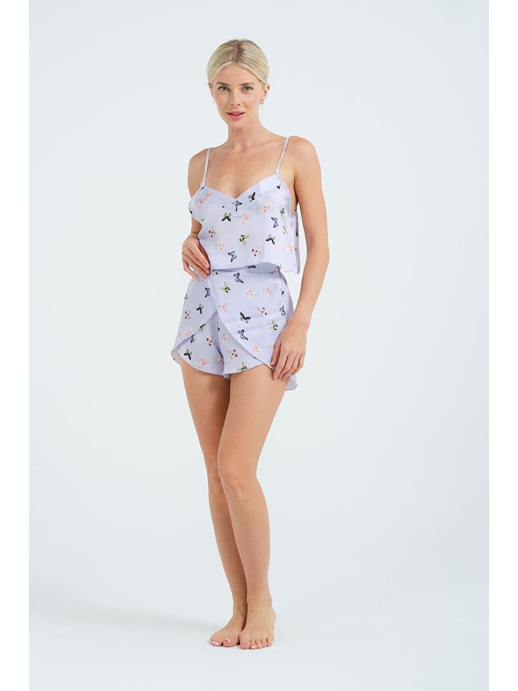 İp Askılı Kelebek Detaylı Saten Şortlu Gecelik Takım 029 Lila-3