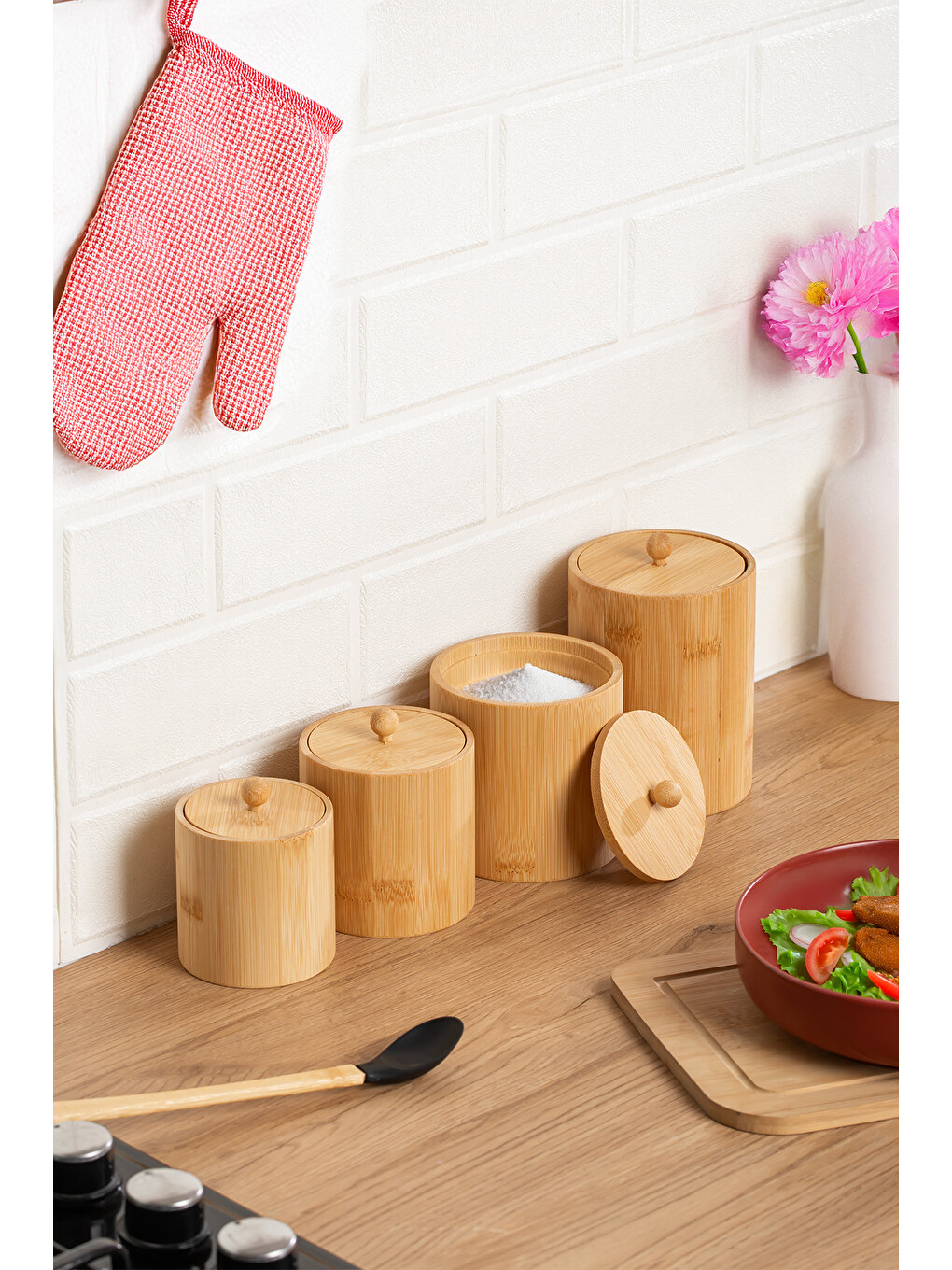 Kahverengi 4361 Bambu Çok Amaçlı Saklama Kabı Organizer 4lü Baharat Seti-2