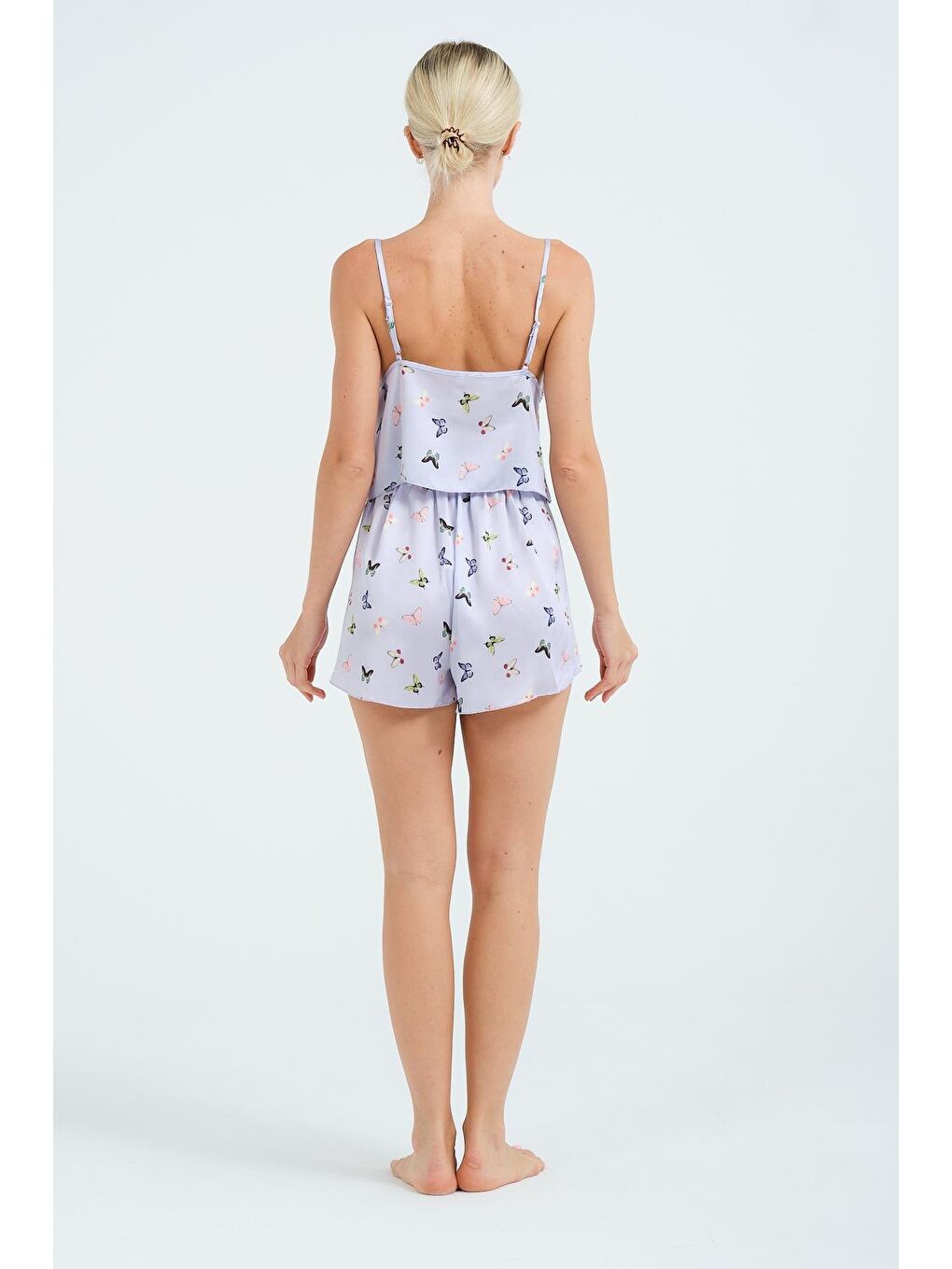 İp Askılı Kelebek Detaylı Saten Şortlu Gecelik Takım 029 Lila-5