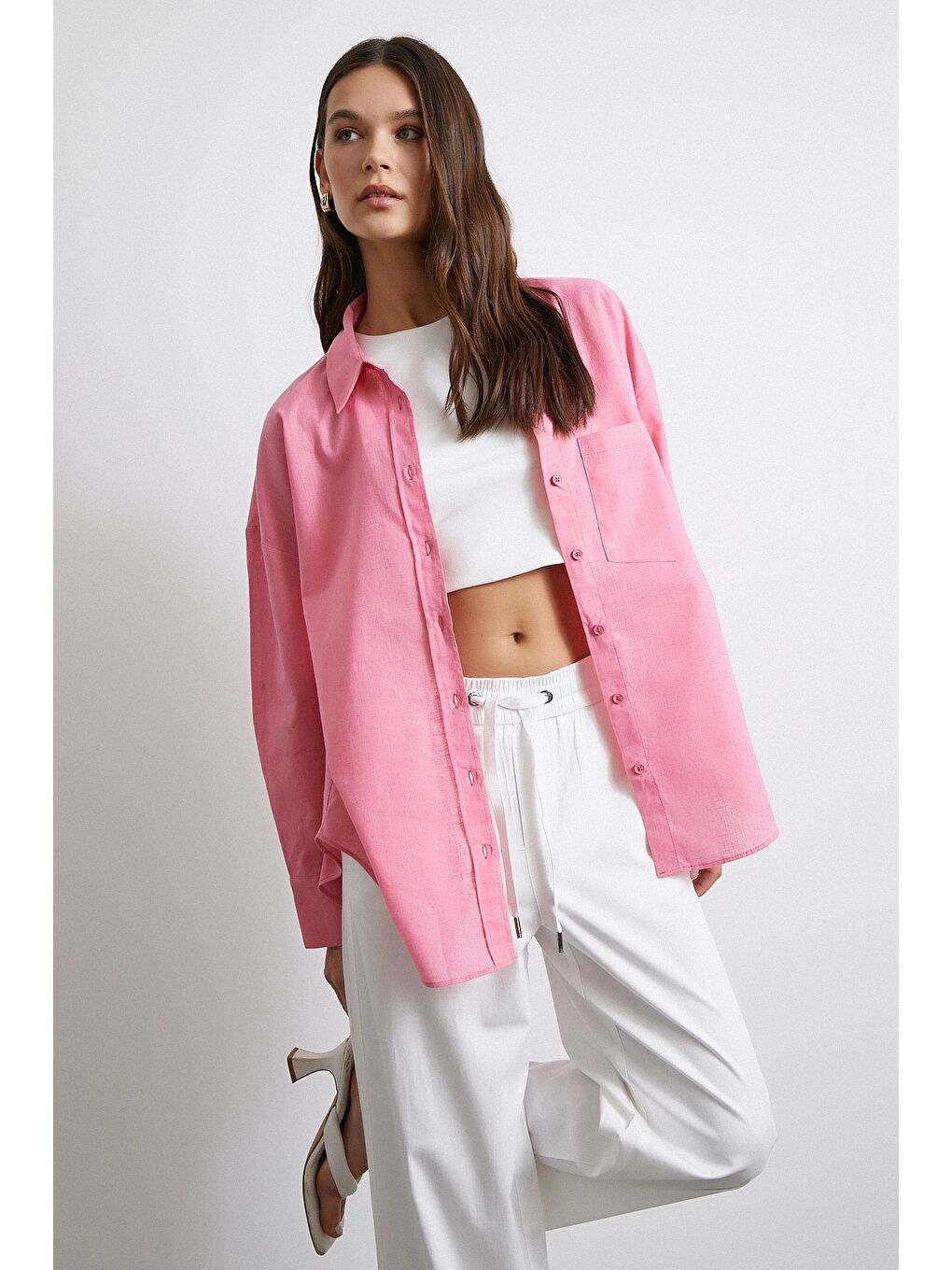 Lendy Keten Gömlek Pembe-2
