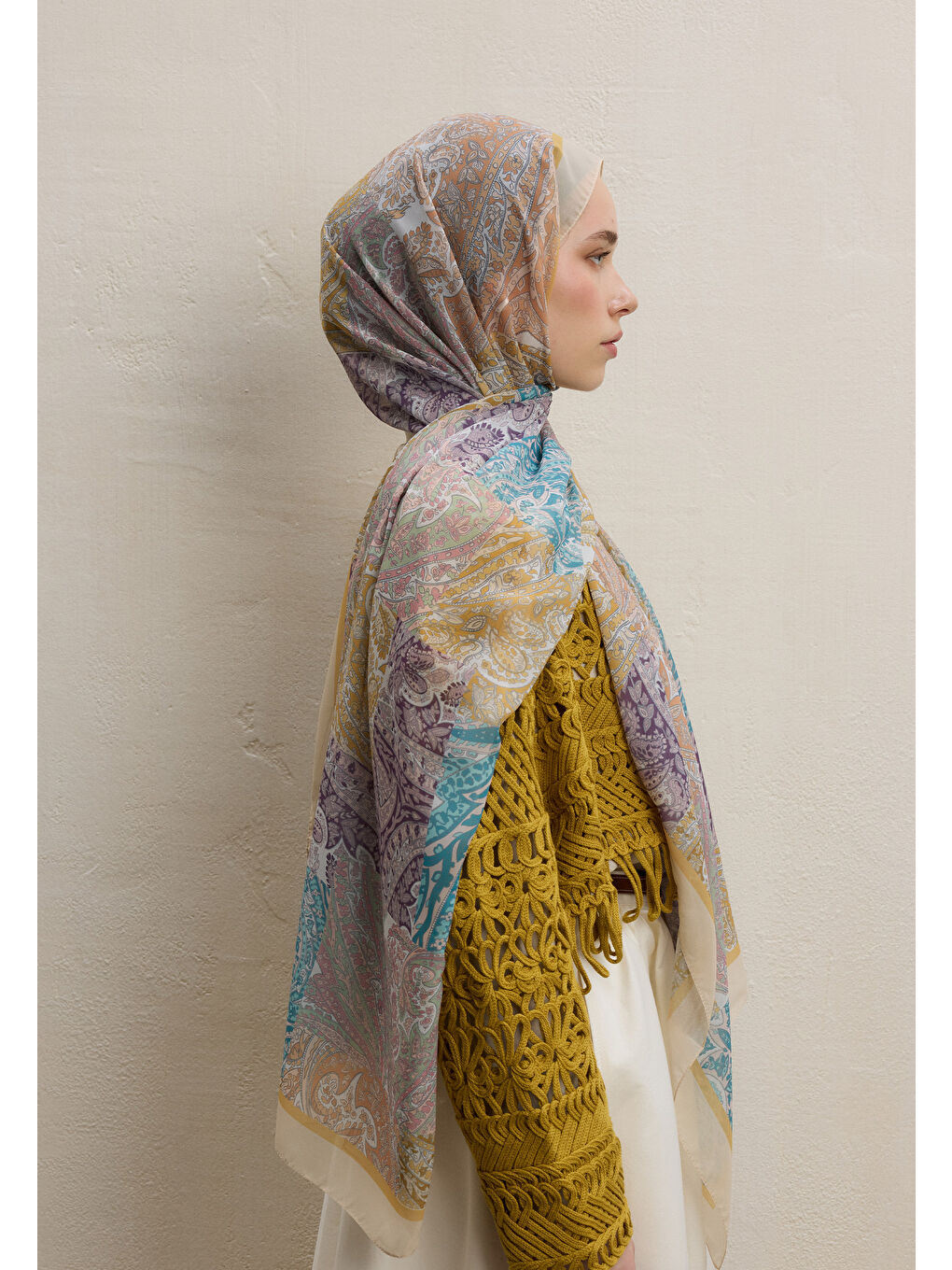 Paısley Patch Desen İpek Krep Şal Soft Sarı-2