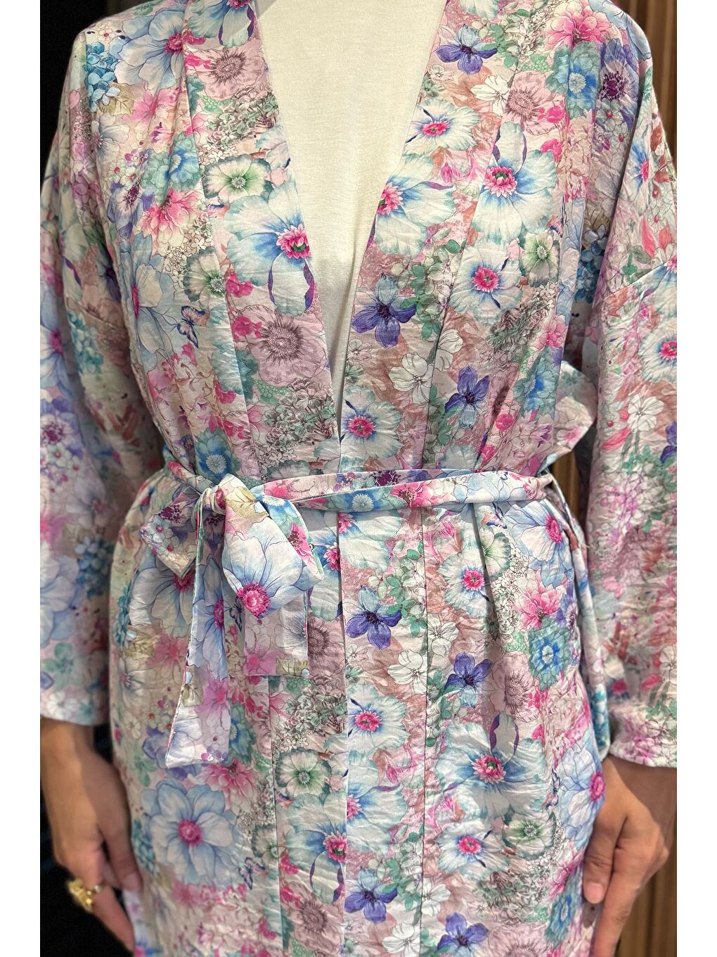 Mavi Çiçek Desenli Kimono Pantolon Tesettür İkili Takım-4