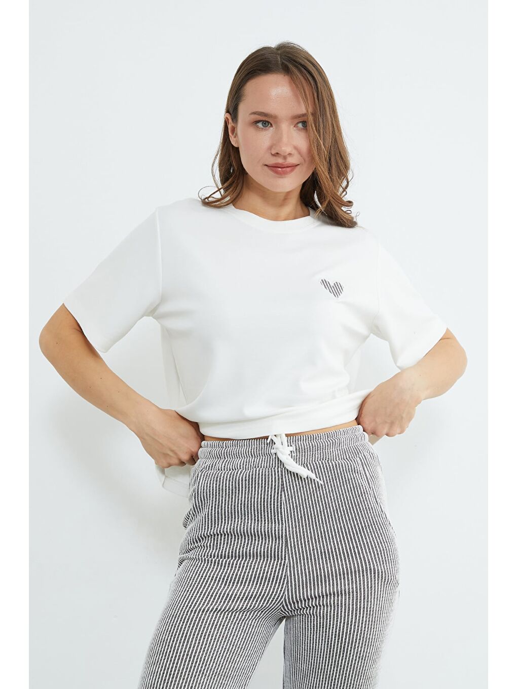 Kahverengi Çizgili Bisiklet Yaka Cepli 2 Li Takım-1