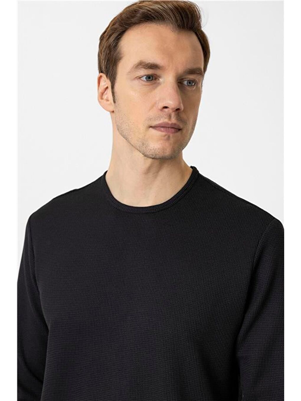 Siyah Slim Armürlü Bisiklet Yaka Sweatshirt-1