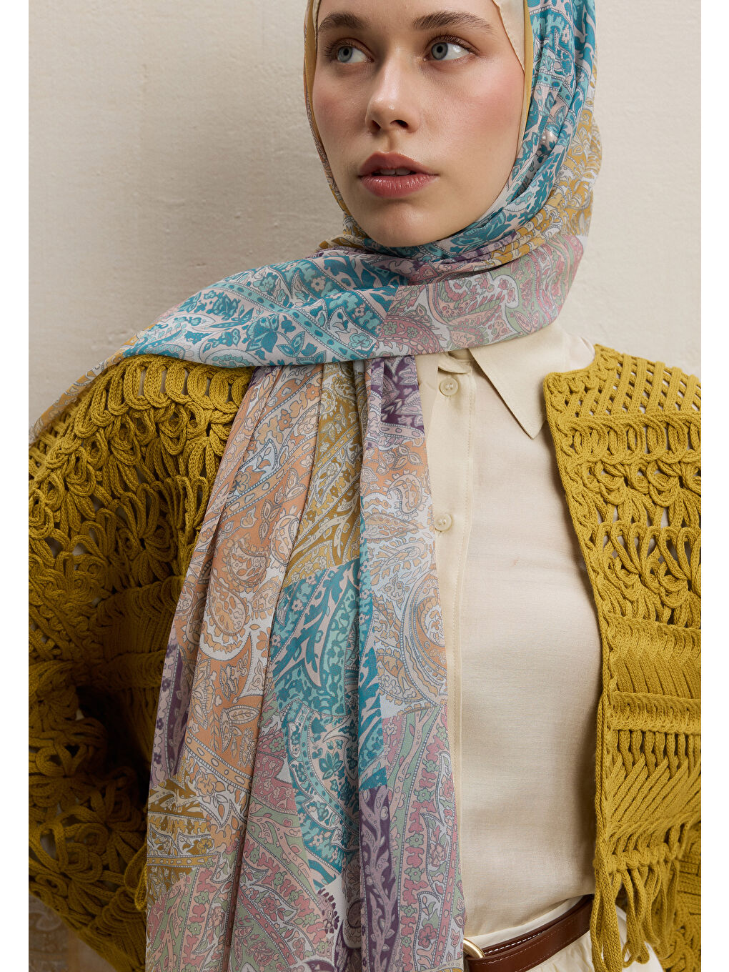 Paısley Patch Desen İpek Krep Şal Soft Sarı-3