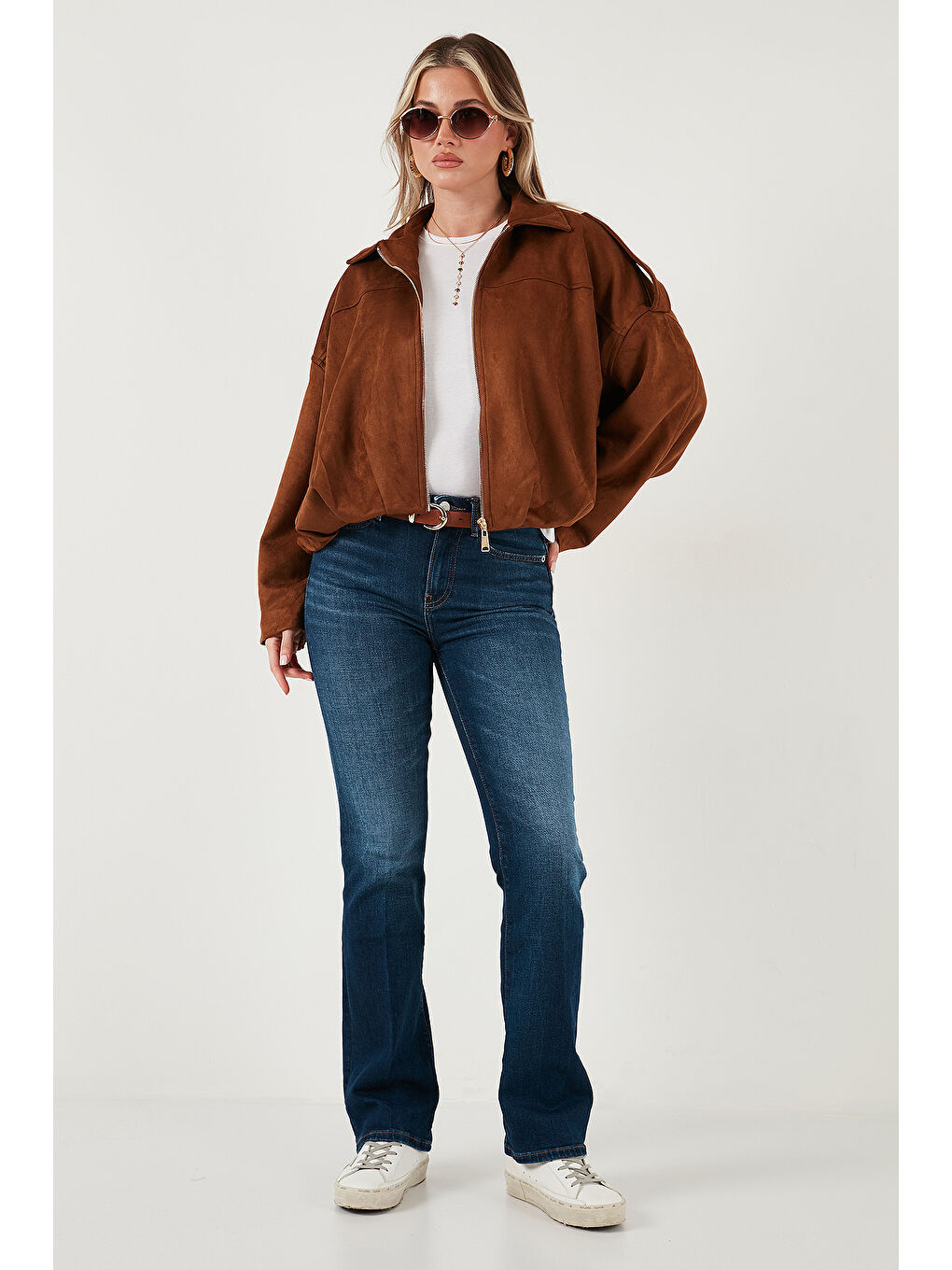 Kahverengi Oversize Klasik Yaka Fermuarlı Süet Dokulu Bomber Ceket 6839635-1