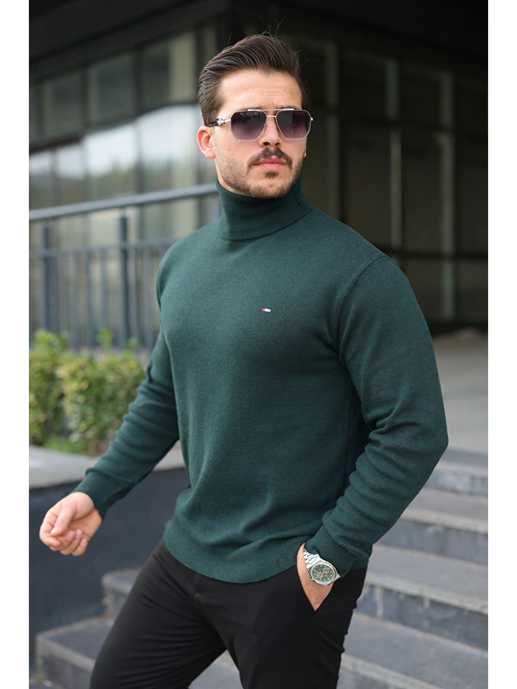 Yeşil Erkek Günlük Balıkçı Yaka Boğazlı Nefti Triko Kazak-1