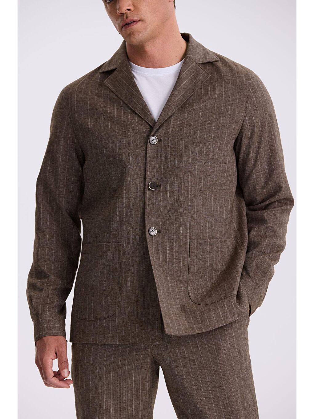 Kahverengi Kahve Slim Fit Apaş Yaka Keten Karışımlı Çift Yırtmaçlı Çizgili Takım Elbise-2