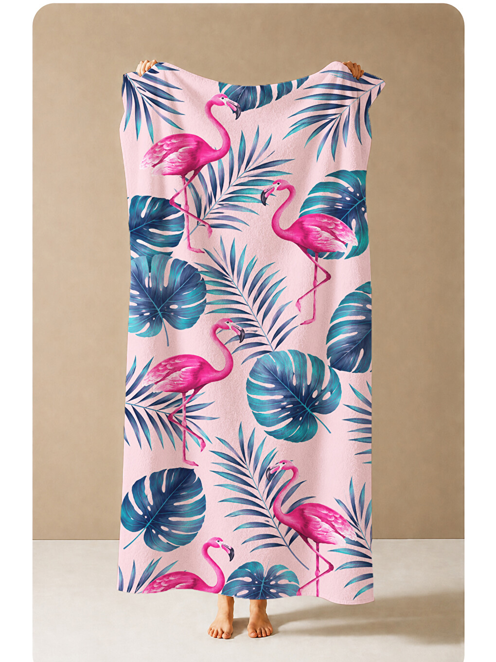 Tropikal Pembe Flamingo Pastel Yapraklı Desenli 70x150 Plaj Havlusu - Pamuklu Banyo Havlusu-3
