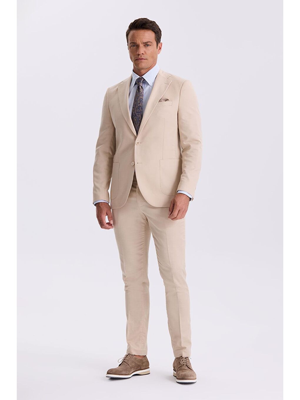 Bej Slim Fit Mono Yaka Kumaş Çift Yırtmaç Torba Cepli Takım Elbise