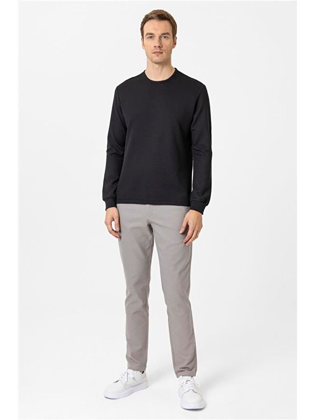 Siyah Slim Armürlü Bisiklet Yaka Sweatshirt-3