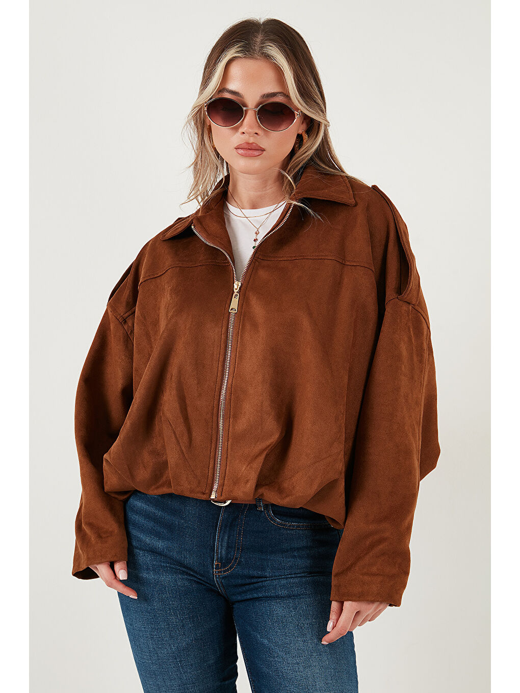 Kahverengi Oversize Klasik Yaka Fermuarlı Süet Dokulu Bomber Ceket 6839635-2