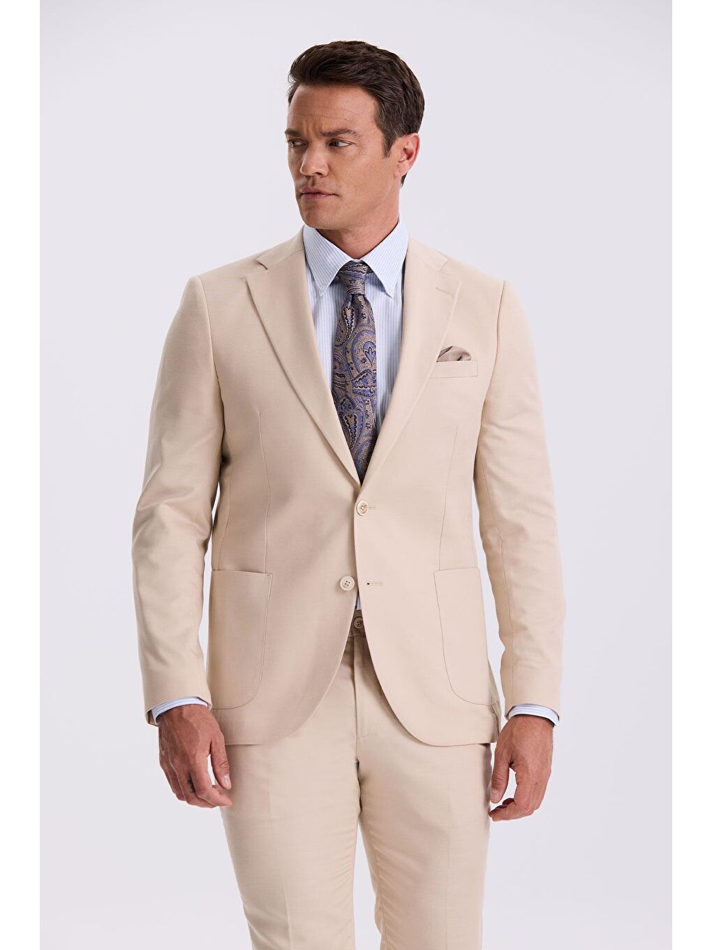 Bej Slim Fit Mono Yaka Kumaş Çift Yırtmaç Torba Cepli Takım Elbise-1