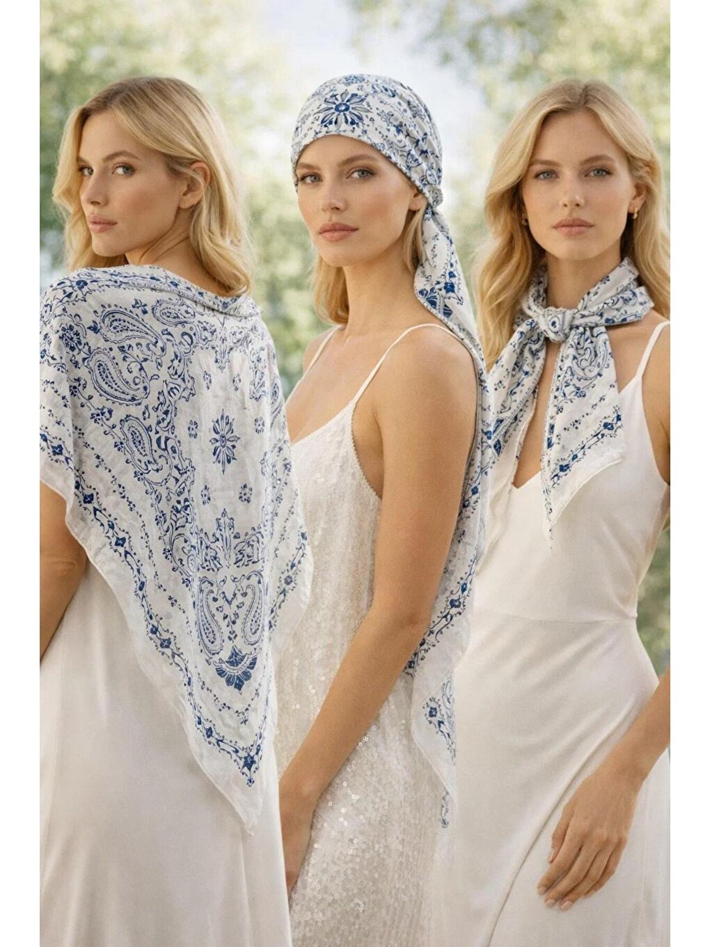 Kadın Lacivert Etnik Desenli Bohem Üçgen Şal Bandana 110x110 cm SAL1400 LACIVERT-1