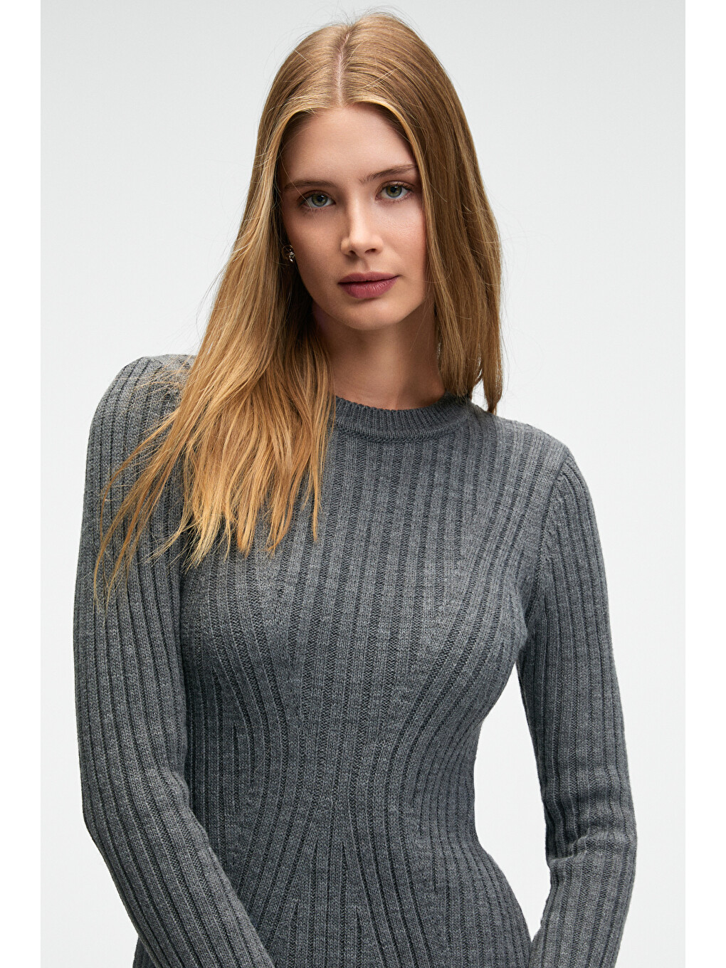 Encanto Kadın Yuvarlak Yaka Çizgi Desenli Slim Fit Antrasit Elbise-5