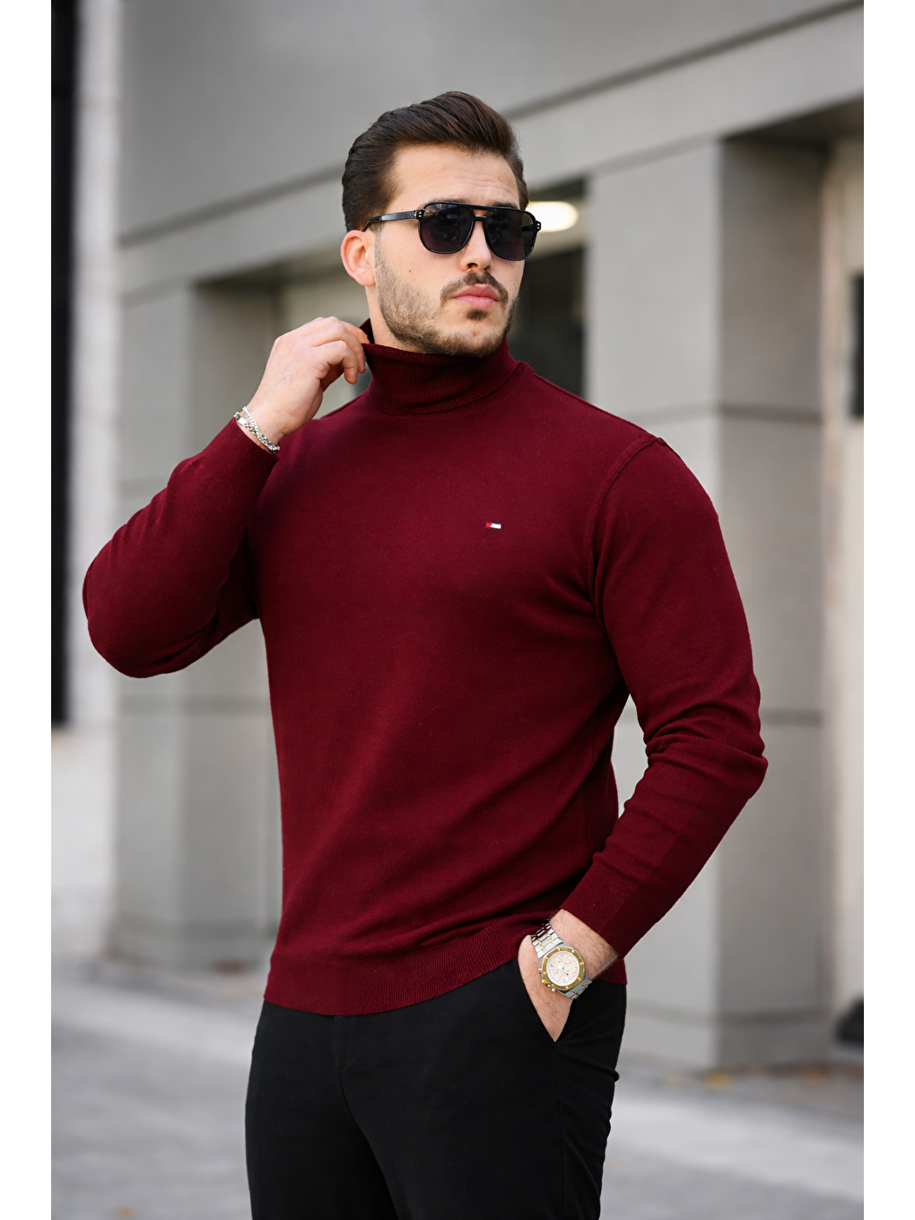 Erkek Günlük Balıkçı Yaka Boğazlı Bordo Triko Kazak-1