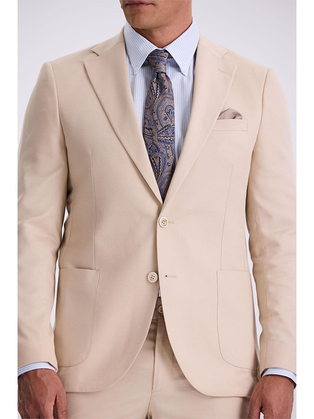 Bej Slim Fit Mono Yaka Kumaş Çift Yırtmaç Torba Cepli Takım Elbise-2