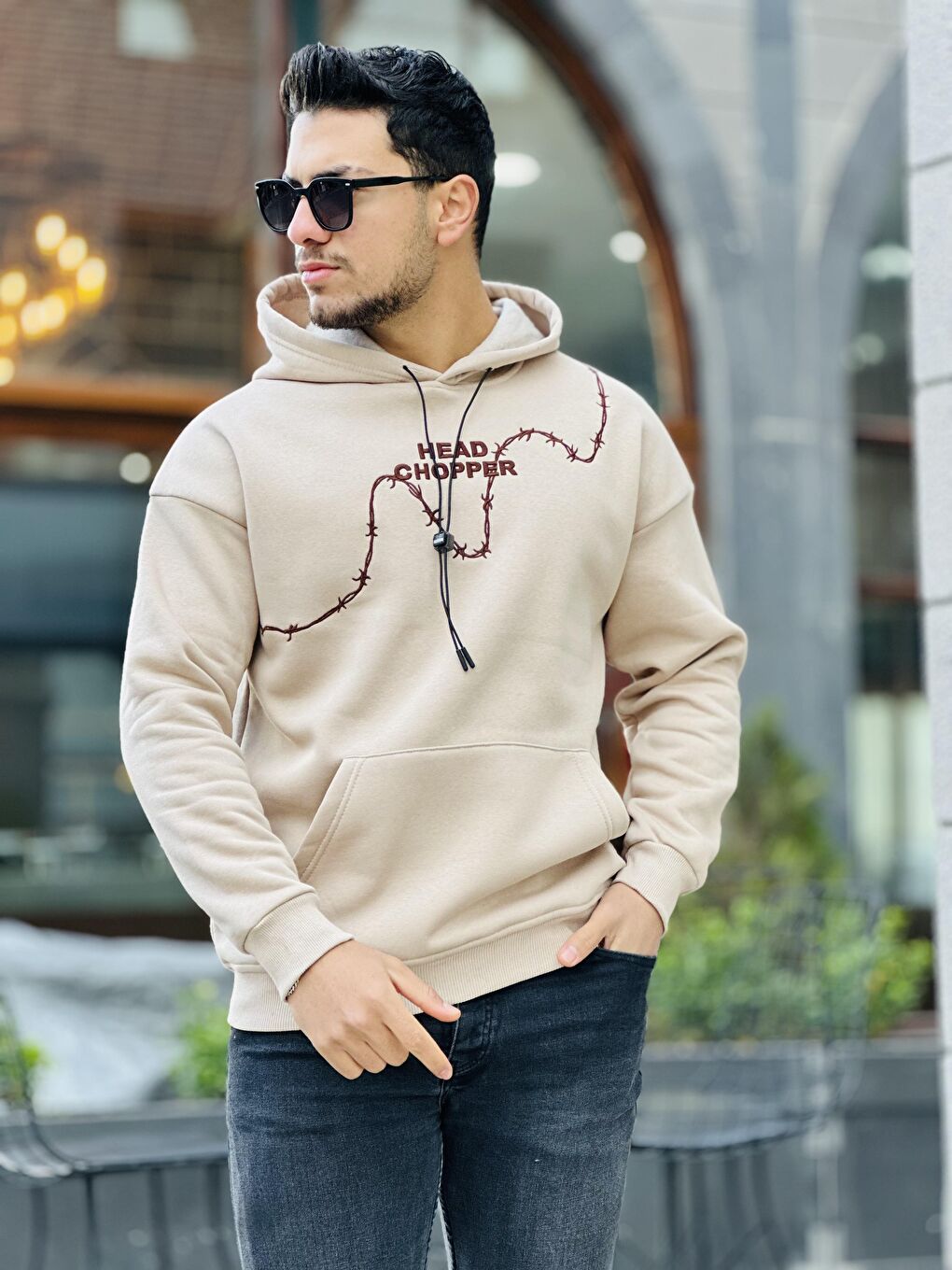 Miron Bej Üç İplik Head Chopper Nakışlı Oversize Kapüşonlu Sweatshirt