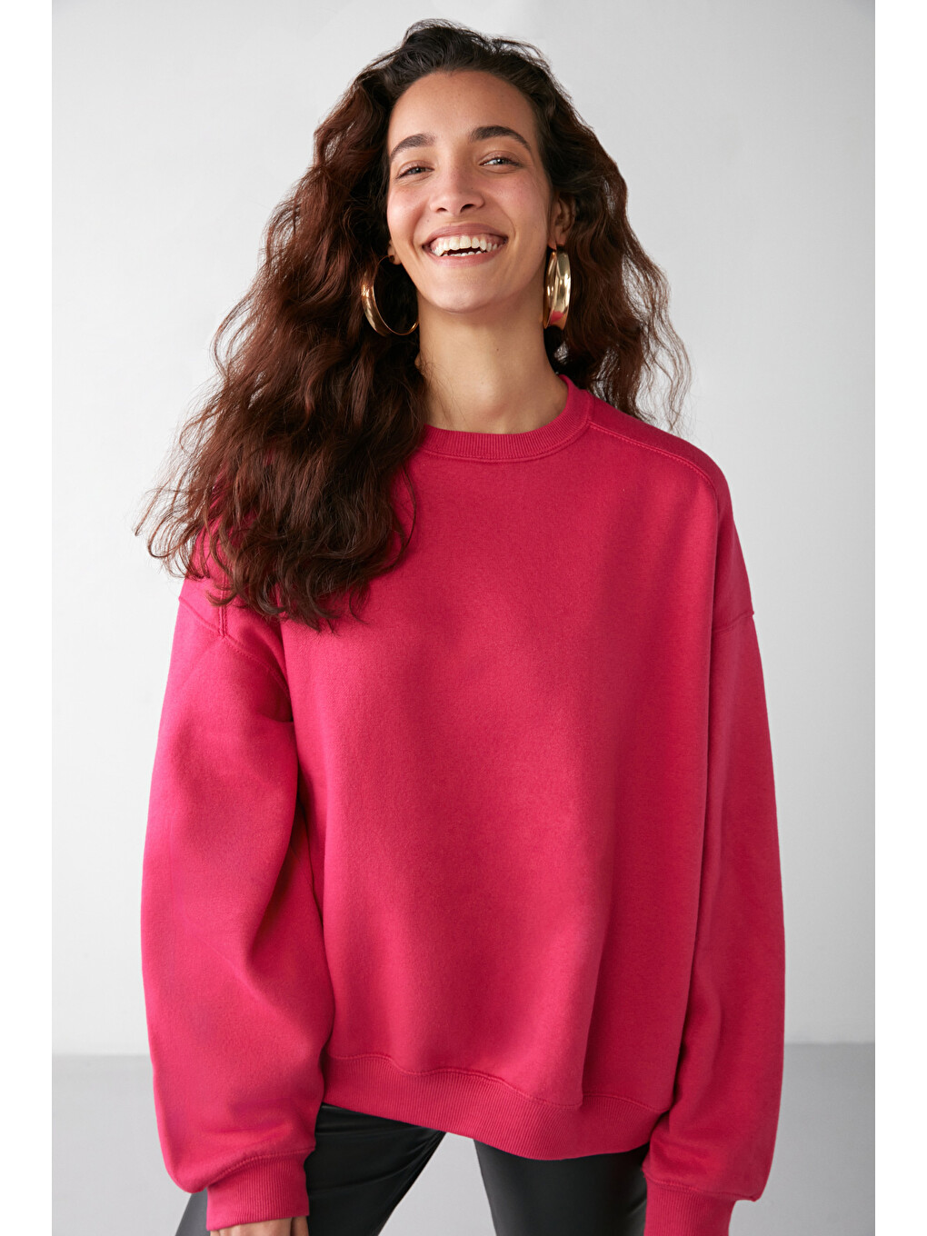 Susana Kadın Bisiklet Yaka İçi Polarlı Oversize Fit Basic Pembe Sweatshirt
