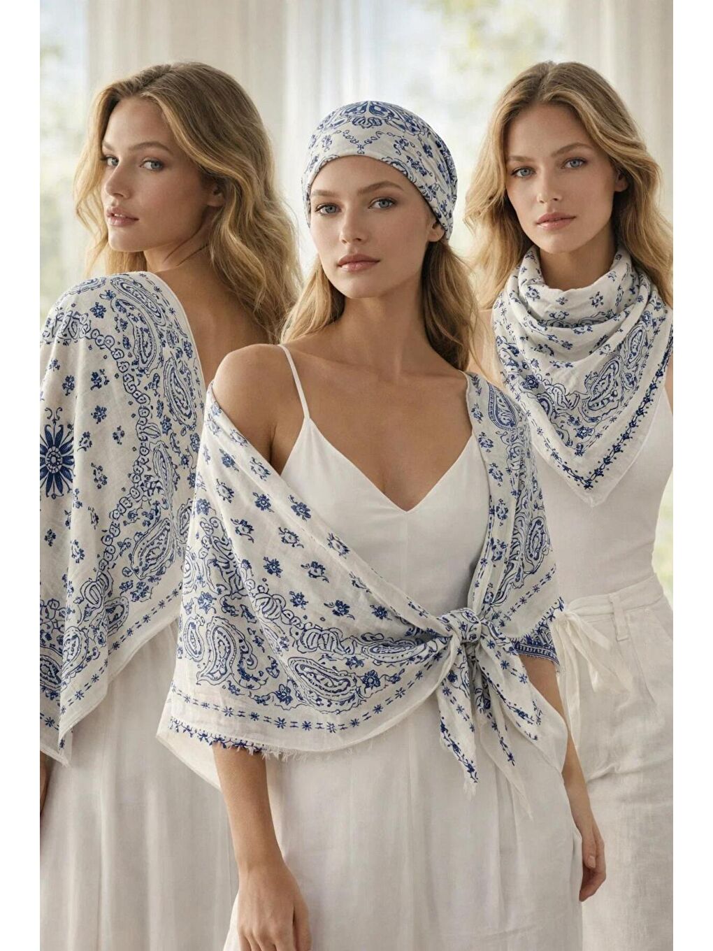 Kadın Lacivert Etnik Desenli Bohem Üçgen Şal Bandana 110x110 cm SAL1400 LACIVERT-3