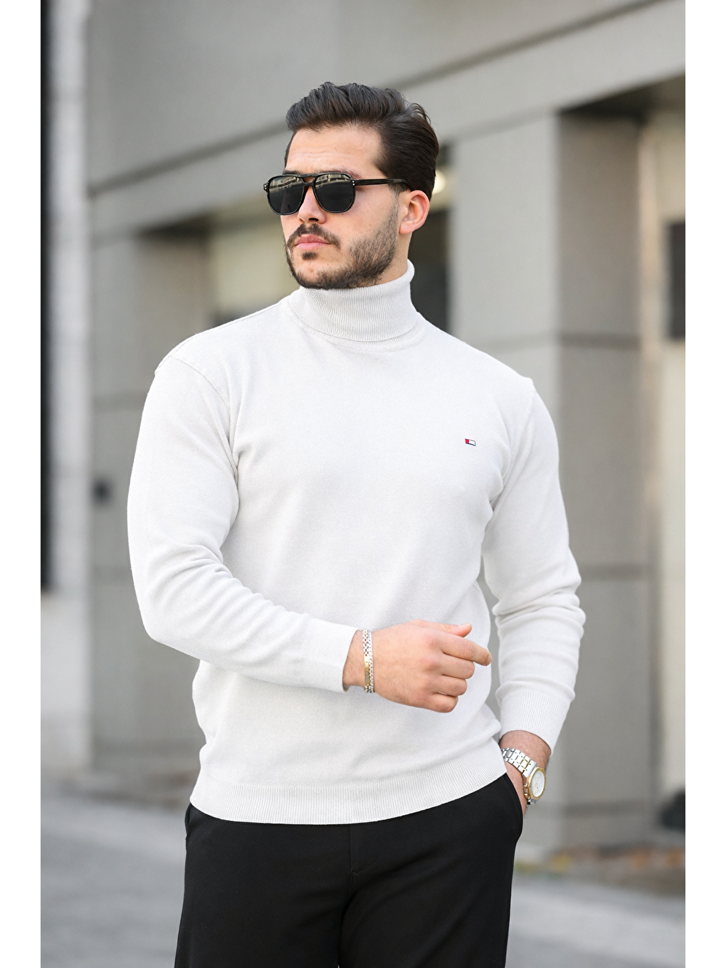 Erkek Günlük Balıkçı Yaka Boğazlı A.Beyaz Triko Kazak-1