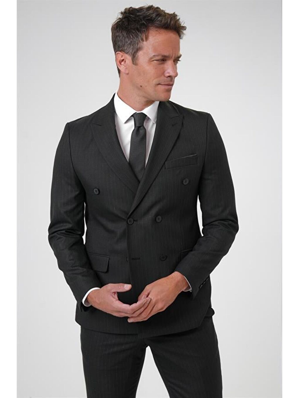 Siyah Slim Desenli Sivri Yaka 6 Drop Takım Elbise-1