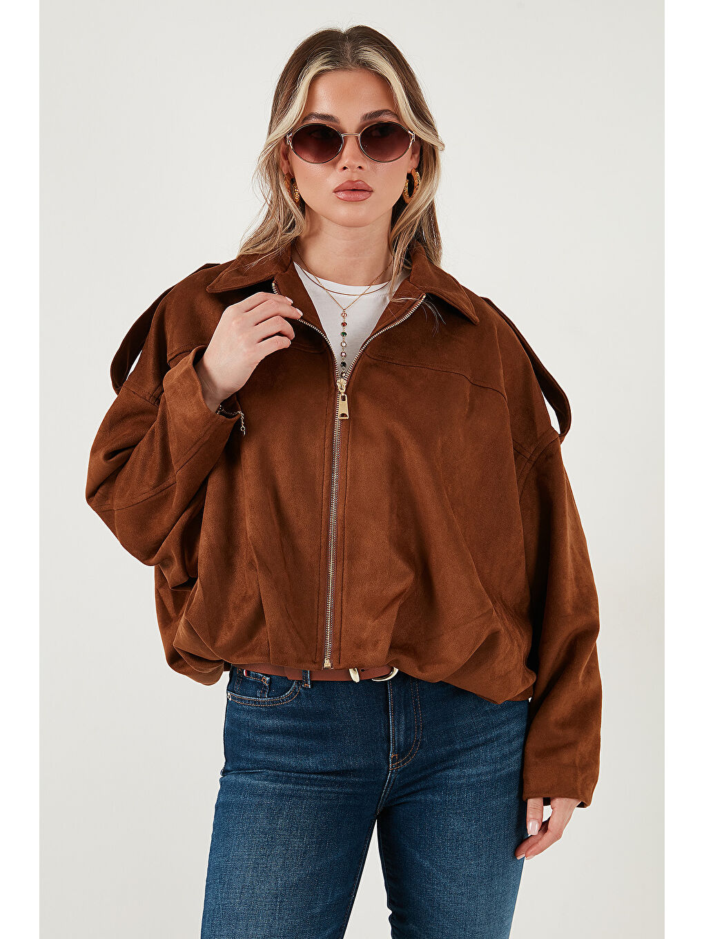 Kahverengi Oversize Klasik Yaka Fermuarlı Süet Dokulu Bomber Ceket 6839635-3