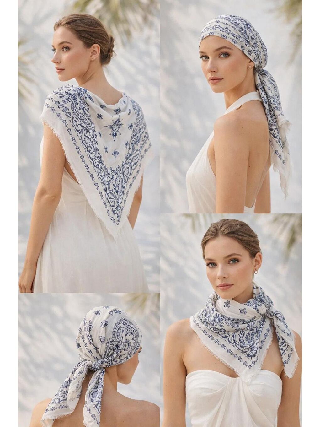 Kadın Lacivert Etnik Desenli Bohem Üçgen Şal Bandana 110x110 cm SAL1400 LACIVERT-4