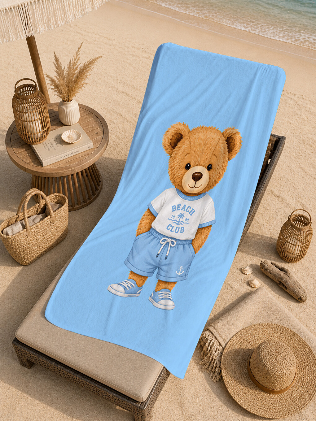Sevimli Ayıcık Bebe Mavisi Minimal Sade Desenli 70x150 Plaj Havlusu - Pamuklu Banyo Havlusu-3