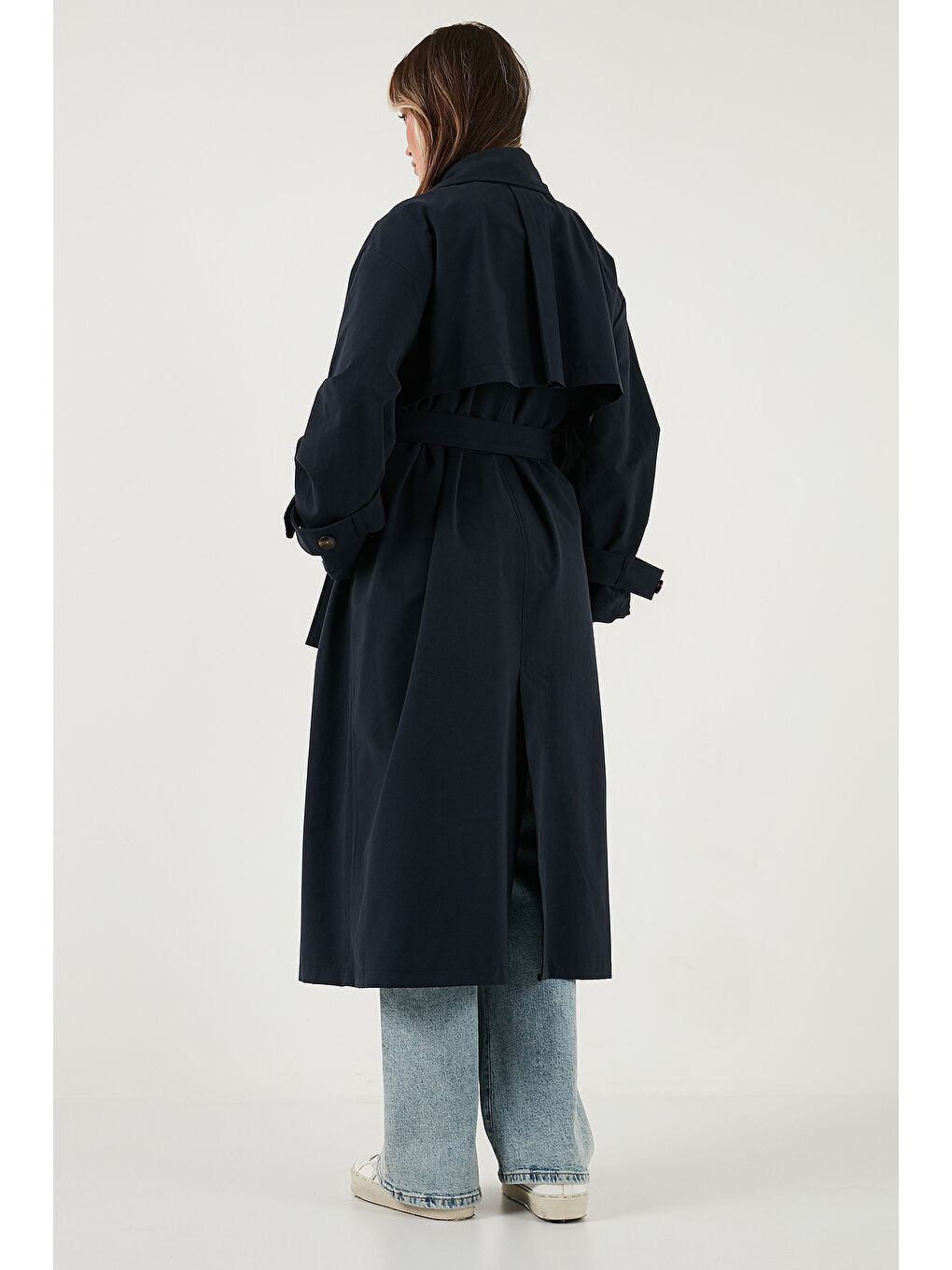 Lacivert Pamuklu Oversize Kruvaze Yaka Düğmeli Uzun Trençkot 6839605-5