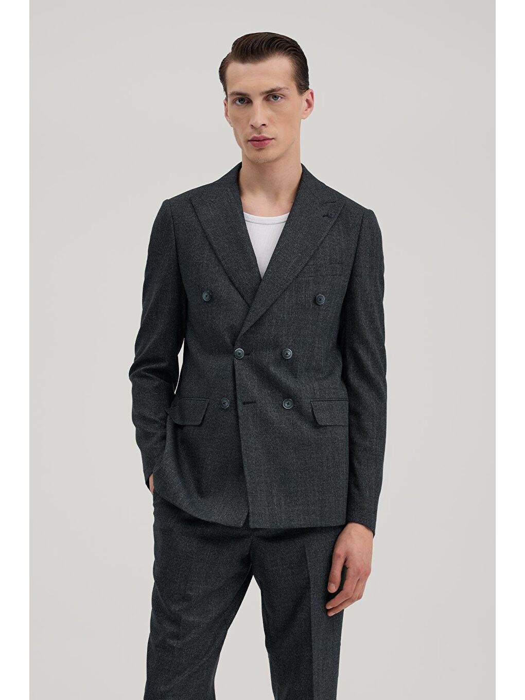 Lacivert Slim Fit Ekoseli Kruvaze Takım Elbise-1