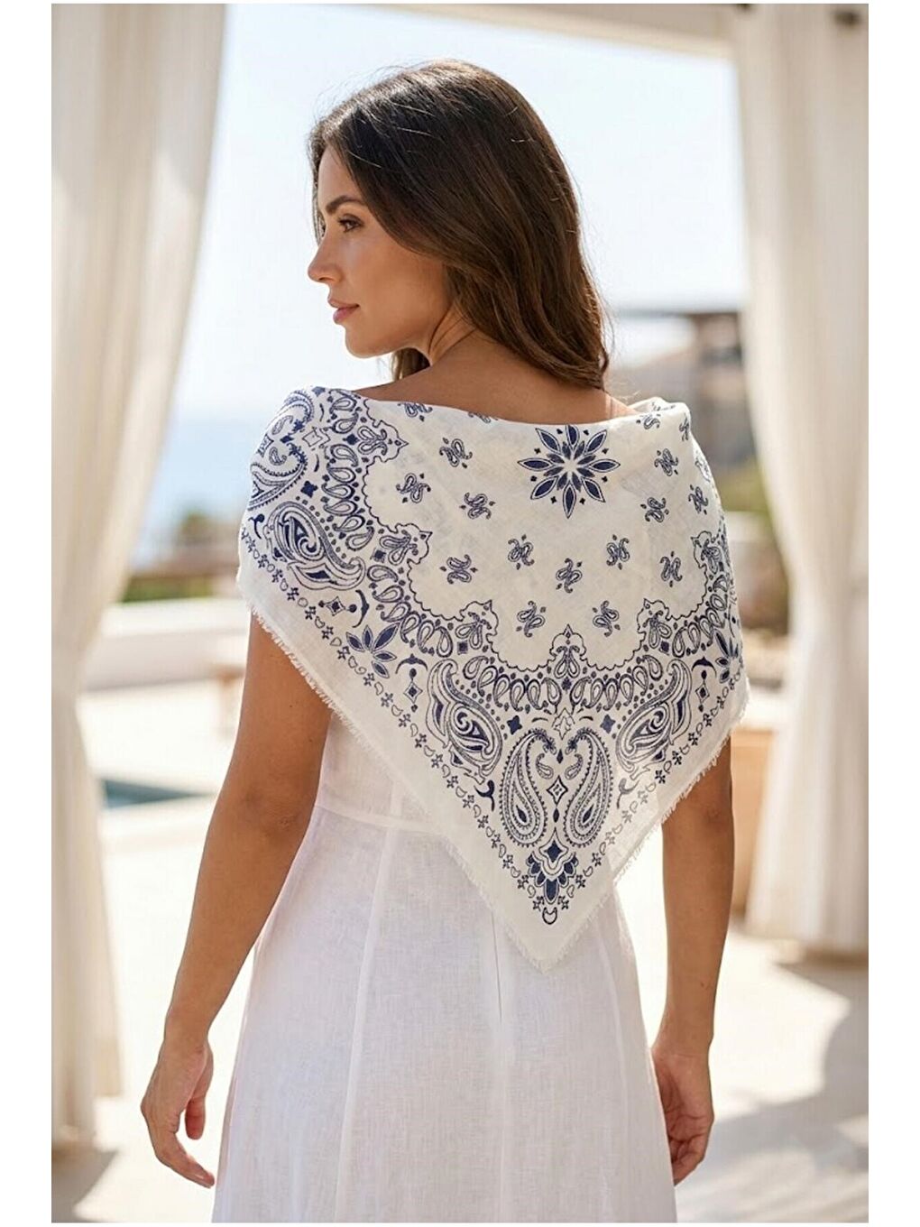 Kadın Lacivert Etnik Desenli Bohem Üçgen Şal Bandana 110x110 cm SAL1400 LACIVERT-5