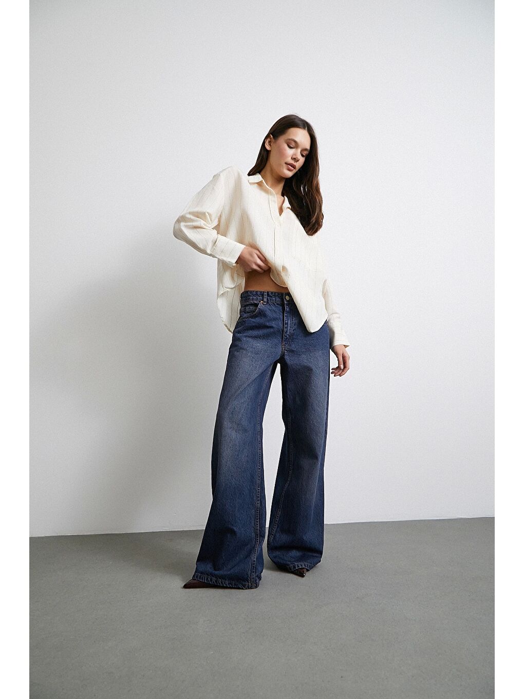 Kontrast Çizgili Modal Gömlek Bej