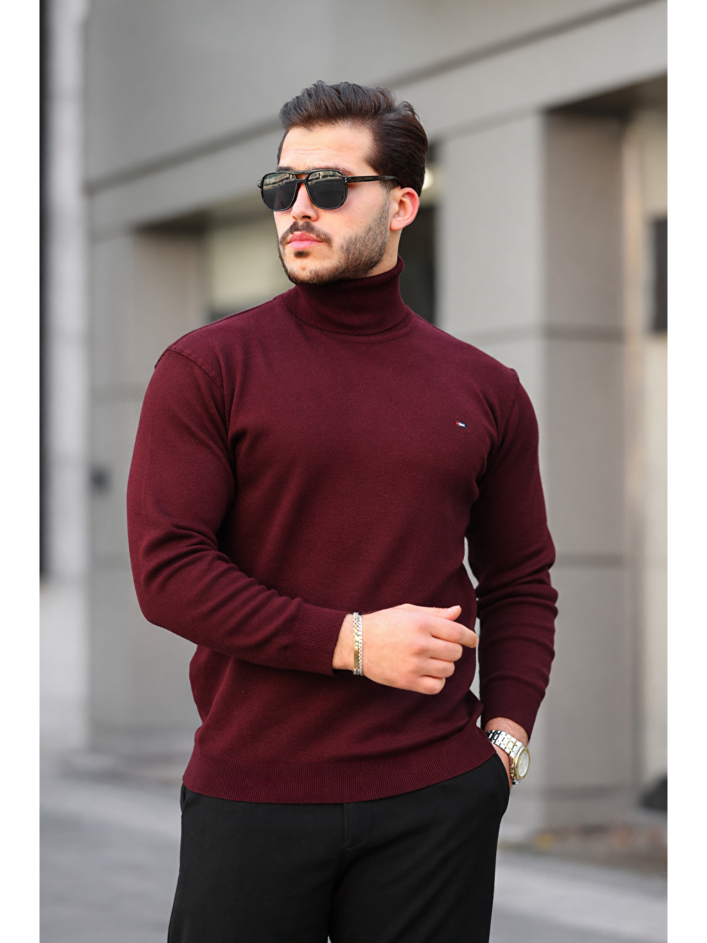 Erkek Günlük Balıkçı Yaka Boğazlı Bordo Triko Kazak-3