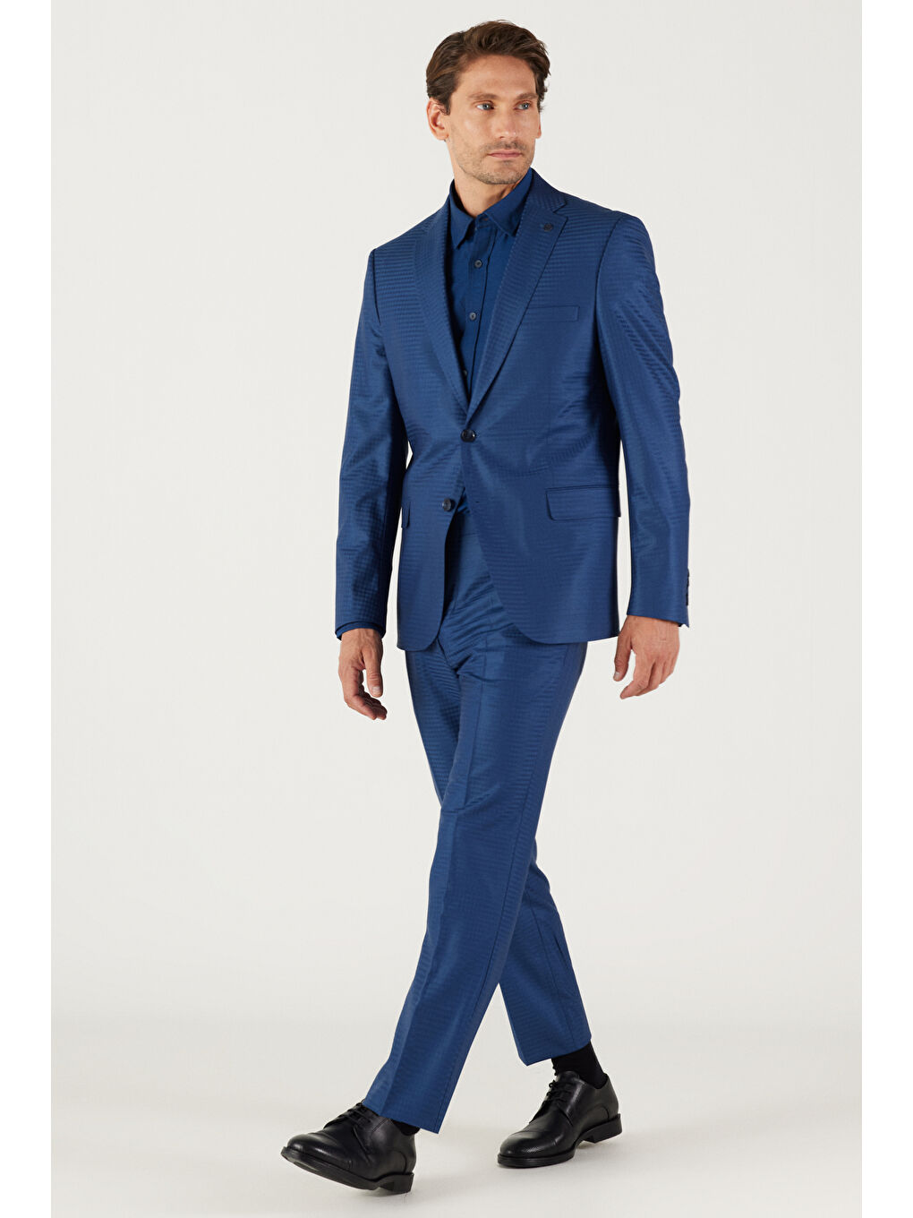 Erkek Mavi Slim Fit Dar Kesim Mono Yaka Kareli Klasik Yünlü Takım Elbise-1