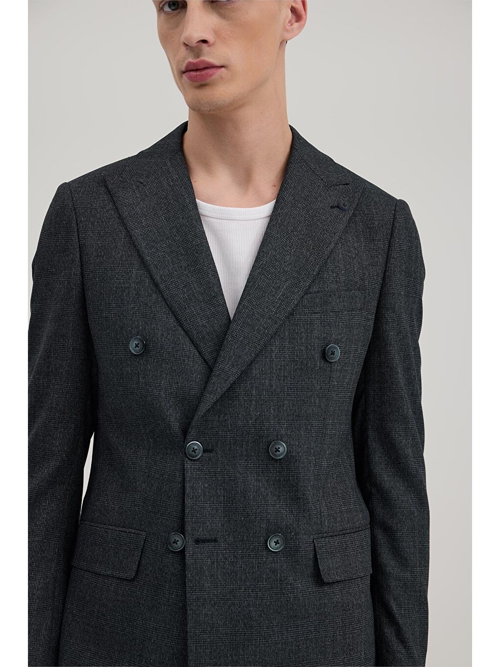 Lacivert Slim Fit Ekoseli Kruvaze Takım Elbise-2