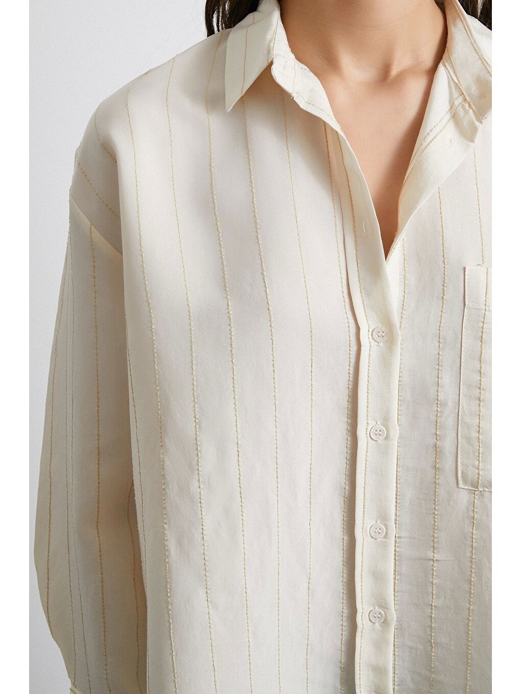 Kontrast Çizgili Modal Gömlek Bej-1