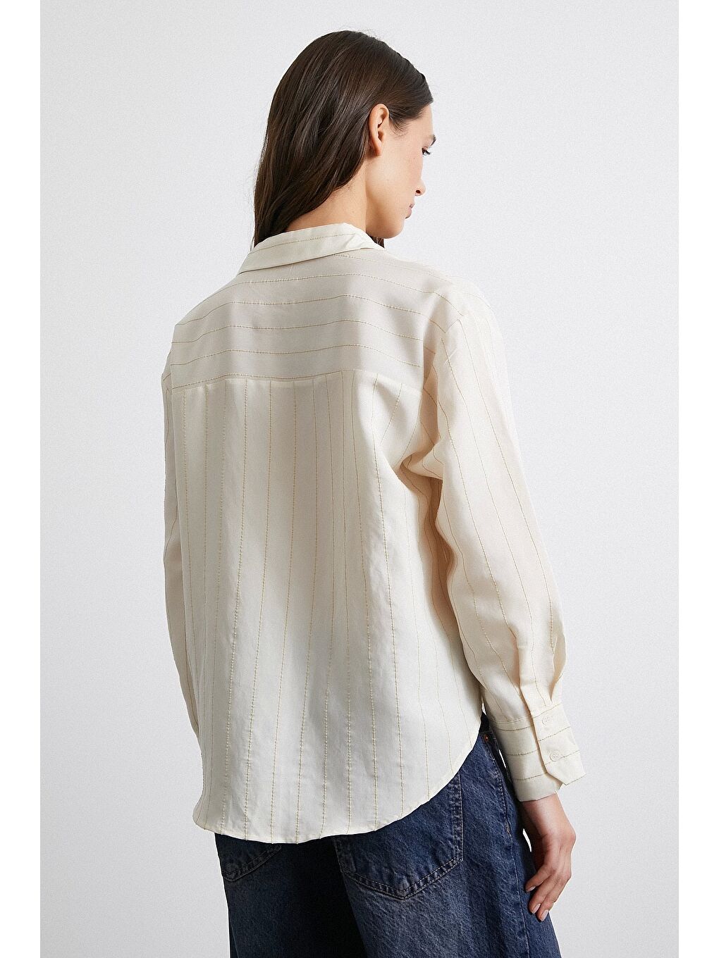 Kontrast Çizgili Modal Gömlek Bej-2