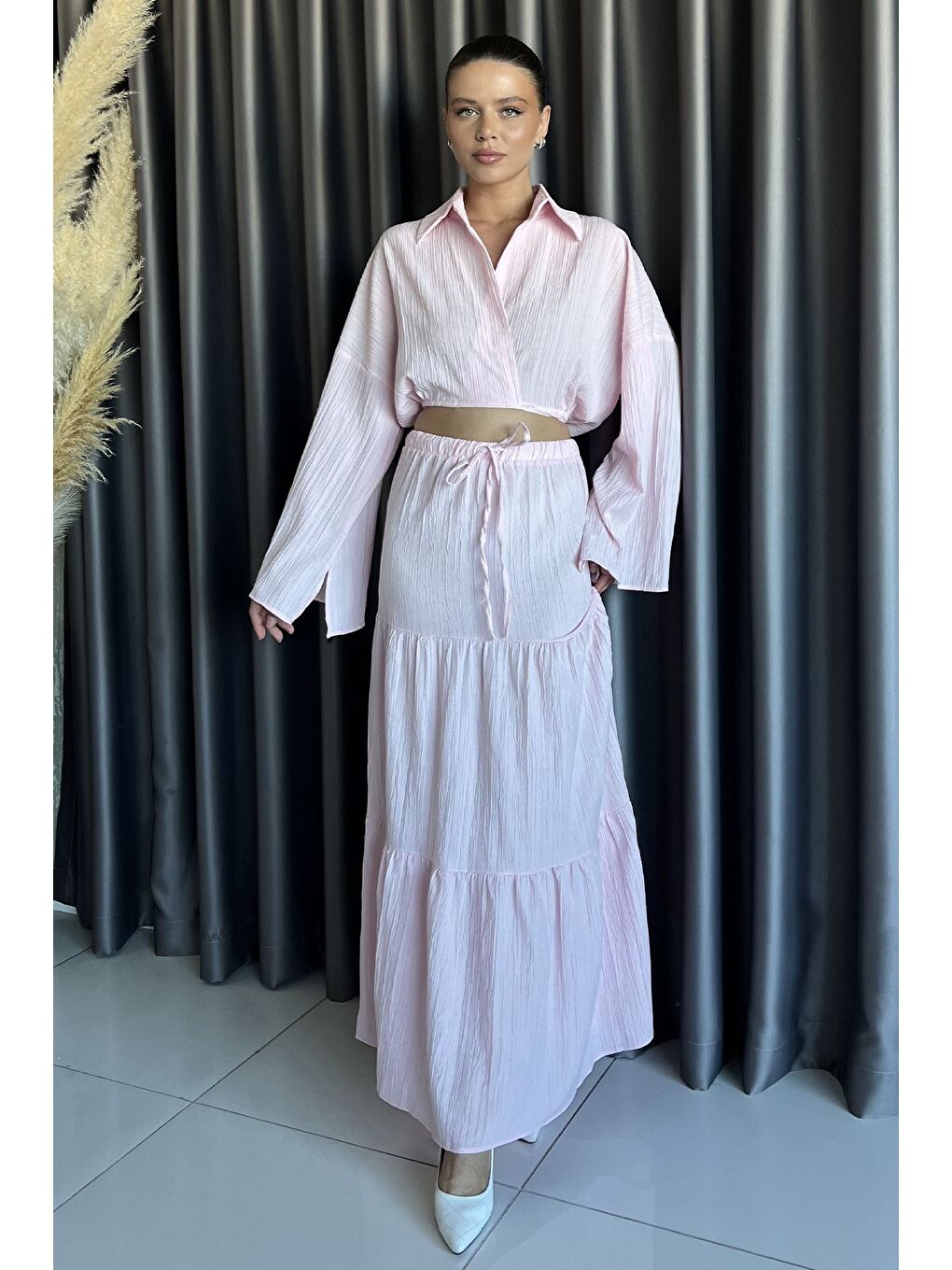 Pembe Kadın Bağlamalı Bluz Etek İkili Takım (astarlı Kullanım Önerilir)