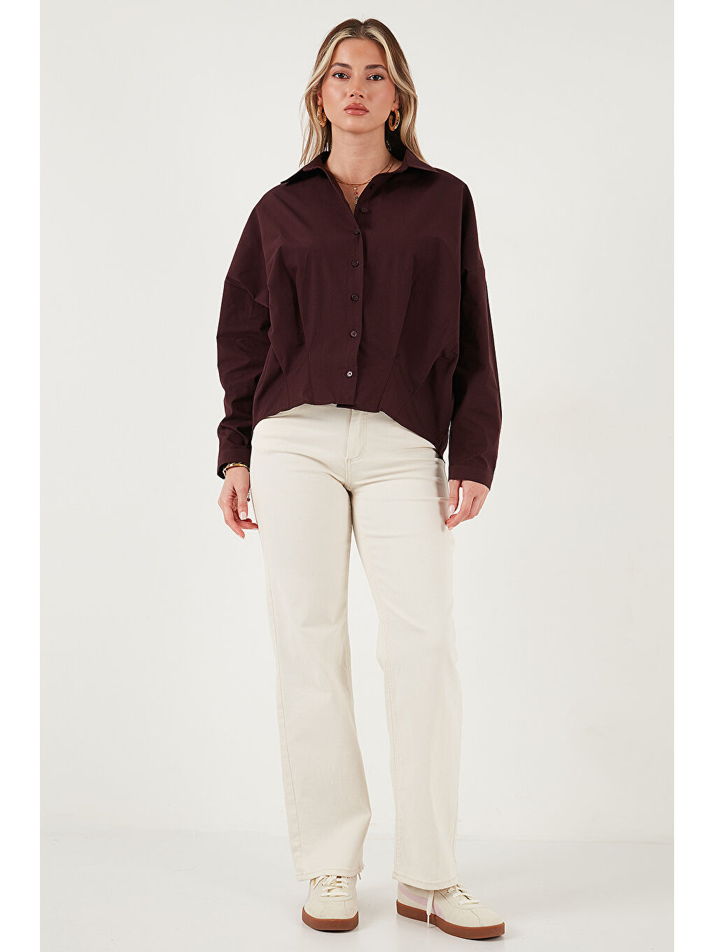 Mürdüm Pamuklu Oversize Önü Kısa Arkası Uzun Klasik Yaka Gömlek 6834985-2