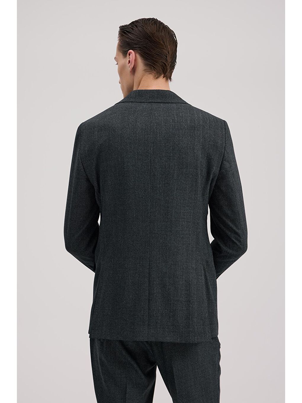 Lacivert Slim Fit Ekoseli Kruvaze Takım Elbise-3